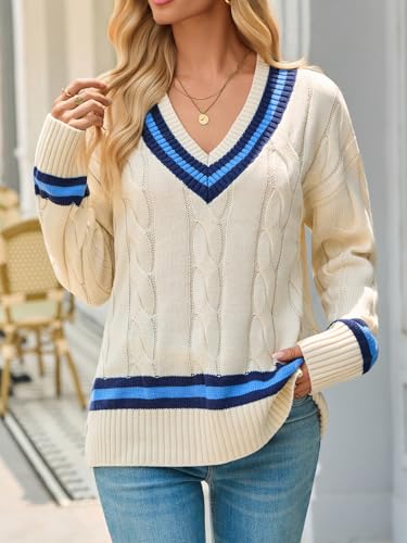 Saodimallsu Womens V Neck Cable Knit Sweaters Long Sleeve Color Block Preppy Sweater Fall Loose Casual Pullover Tops2