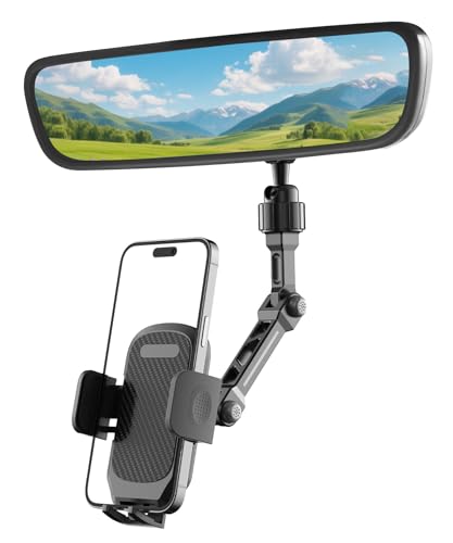Uonser Rear View Mirror Phone Holder, Premium Aluminum Alloy Mount with Multi-Angle Adjustment, Rearview Mirror Phone Holder Mount For Car & Truck, Universal Accessories Compatible with All Cell Phone