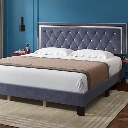 Hithos King Bed Frame, Upholstered Platform Bed Frame With Modern Adjustable Headboard, Diamond Tufted Mattress Foundation With Wooden Slat Support, No Box Spring Needed, Easy Assembly (King, Gray) #TOP3