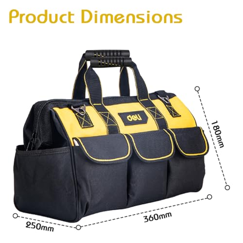 Image of Deli DL430116 16 inch Oxford Cloth Tool Storage Bag with Multi Compartment Pockets Handle & Steel Bar Heavy Duty Multipurpose Easy and Convenient Tools Organizer for Electrician Plumber Technician (1Pc)