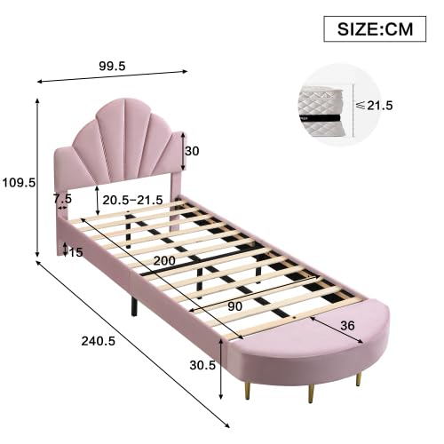 Łóżko dziewczęce 90 x 200 cm, różowe aksamit, z ławką do łóżka, przytulne łóżko tapicerowane z miękkim zagłówkiem, bezpiecznymi krawędziami i miejscem do przechowywania, pojedyncze łóżko do