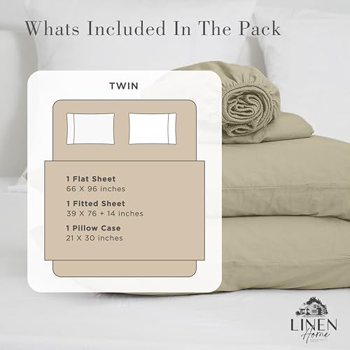 Image of Linen Home Washed Cotton Percale Twin Sheet Set, Silver, Preshrunk, 3 Pieces Sets - 1 Flat, 1 Deep Pocket Fitted Sheet & 1 Envelope Closure Pillowcase, Soft, Cool and Comfortable Bed Linen