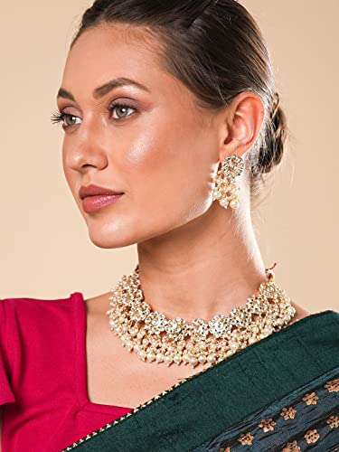Image of Yellow Chimes Jewellery Set for Women Kundan Studded Beads Drop Choker Necklace Set with Earrings for Women and Girls
