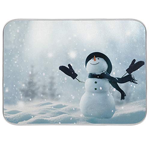 Qilmy Smile Snowman Dish Drying Mat for Kitchen Countertop, Absorbent Dry Mats for Dishes Draining Pad for Winter, 18" x 24"