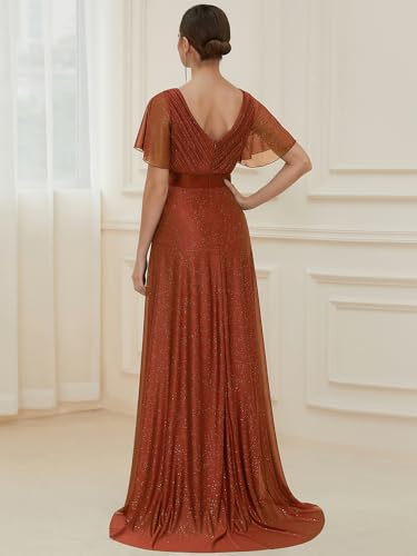 Image of Ever-Pretty Women's Summer Glitter Formal Dresses Evening Gown V Neck Short Sleeves Floor Length Mother of Bride Dress 50159