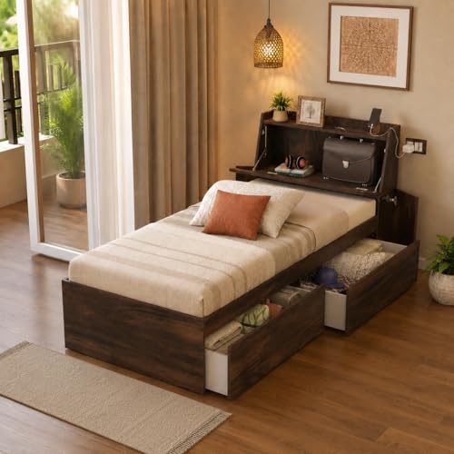 Image of Studio Kook Tribe Right Single Bed with Headboard Storage & 2 Drawers | Engineered Wood Bed | Fits 78 x 36 inch Mattress | Junglewood | Mattress Not Included