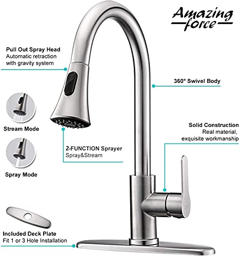 AMAZING FORCE Kitchen Faucet with Pull Down Sprayer 2 Modes Stainless Steel Kitchen Sink Faucet Single Handle Faucet for Kitchen Sink RV Kitchen Faucet Laundry Sink Faucet with 1.8GPM, Brushed Nickel