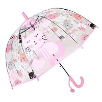 ThreeH Childrens Clear Bubble Umbrella 8 Fiber Ribs Automatic Open Cute Cat Cartoon Dome Canopy for Girls Aged 3-8,Pink