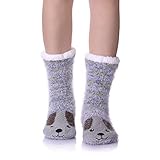 Womens Super Soft Cute Cartoon Animal fuzzy Cozy Non-Slip Winter Slipper Socks (Gray Dog)