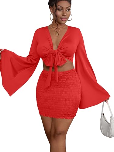 Image of LYANER Women 2 Piece Vacation Outfits Tie Knot Front Bell Long Sleeve Crop Top and Mini Skirt Summer Set
