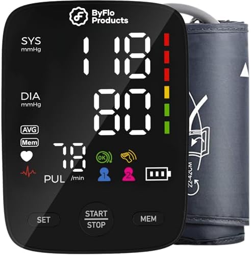 ByFloProducts Advanced Blood Pressure Monitor for Home Use - Easy to Use, Accurate Heart Rate Monitor with Easy Blood Pressure Cuff 22-42cm, Memory Storage 2x120, 3-Color Display, 4xAAA Batteries & USB-C Power, Perfect Automatic Blood Pressure Machine - 100% Canadian Owned