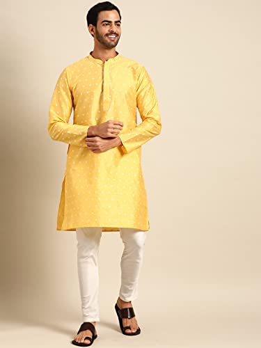 Image of KISAH Men's Kurta - Woven Design Cotton Traditional Outfit for Men - Festive & Wedding Ethnic Wear - Elegant & Comfortable Yellow