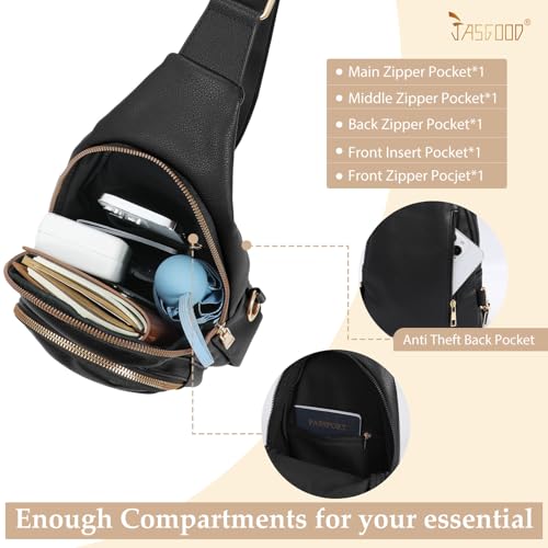 JASGOOD Women Sling Bag Crossbody Leather Fanny Packs Chest Bag Sling Backpack for Fashion Travel, Black4