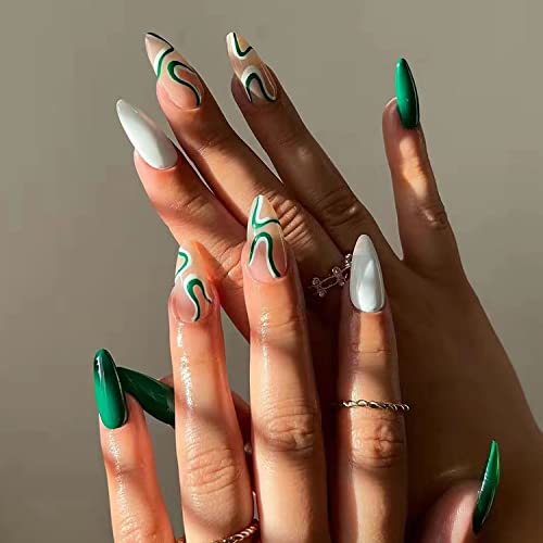 St. Patrick’s Day Press on Nails Medium Length Almond Fake Nails Green Swirl Full Cover False Nails with Designs Glossy Glue on Nail Acrylic Artificial Nails for Women 24Pcs