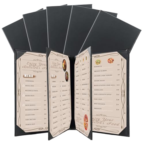 restaurant menu covers holders 8534 x 1134  pack of 5 synthetic leather 6 view menu holder covers book style with angled corners black for wine list 5 6 view 8534 x 1134