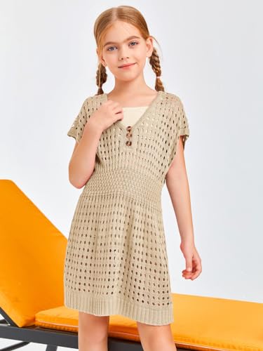 Image of Haloumoning Girls Crochet Swim Beach Cover Up Kids Fashion Button Short Sleeve Swimsuits Cover Ups 5-14 Years