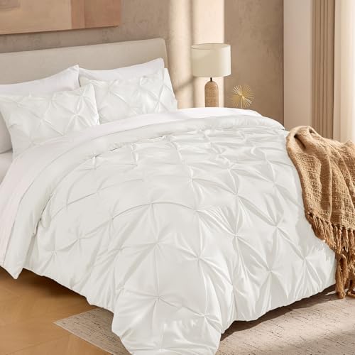 Image of Andency Oversized Queen Pinch Pleat Comforter Set (98 inchx98 inch),3 Piece Lightweight Pintuck Bedding Comforters & Sets, Fluffy Down Alternative Comforter with 2 Pillow Shams for All Season,Ivory