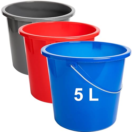 Sustania Juego de 3 cubos de limpieza (5 L, con escala de medición, plástico en azul, rojo y gris oscuro, fabricado en la UE, apto para alimentos)