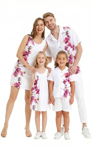 Image of Hawaii Hangover Family Matching Hawaiian Clothes, Watercolor Orchid White | Family matching Hawaiian outfits, Watercolor Orchid White, quick dry stretch fabric, machine washable, tropical floral print
