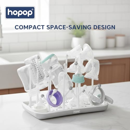 Image of Hopop Plastic Baby Bottle Drying Rack | Portable & Compact Bottle Drying Rack with Detachable Water Drip Tray | Holds Upto 6 Bottles and Accessories | BPA Free Efficient Baby Care Essential | White