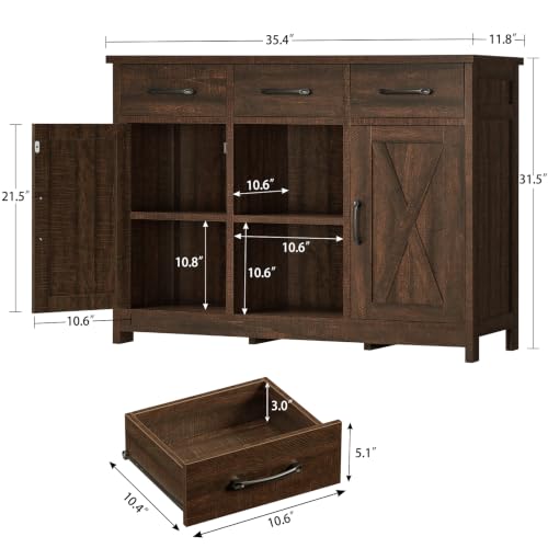 Image of TEENFON Coffee Bar Cabinet with 3 Drawers, Farmhouse Buffet Cabinet
