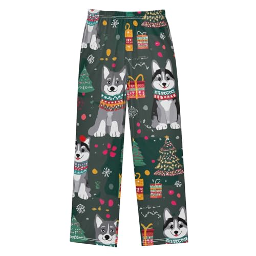 Husky Xmas Tree Boys Long Pants Soft Trousers Elastic Waist Kids Lounge Bottoms with Pockets S-XL