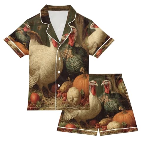 Satin Pajama Sets Short Sleeve Vintage Turkeys Fall Button Down Silky Nightwear 2 Piece PJS 5-14Y