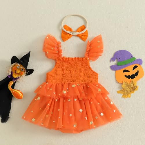 Newborn Baby Girl Halloween Outfit Smocked Pumpkin Embroidery Sequin Star Tulle Tutu Romper Dress Halloween Clothes4