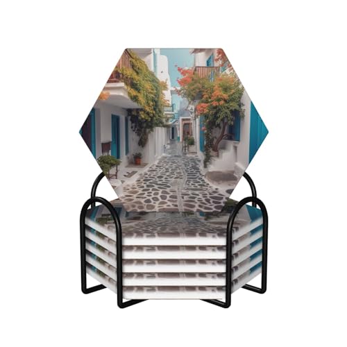 Dessous de verre avec support absorbant céramique Grèce dos en liège lot de 6