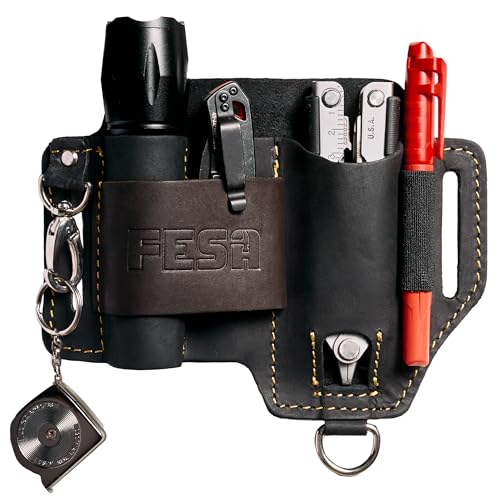 FESA EDC Leather Multitool Sheath - Top Grain Leather EDC Pouch Organizer for Flashlight, Tactical Knife Multitool & Pen - w/Snap Hook - Work & Everyday Use Utility Belt Pouch for Men (Black)