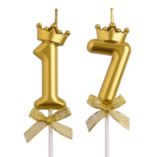 AOOLADA 17th Birthday Candles, Gold 3D Number 17 Happy Birthday Candle with Crown, Cake Topper Decorations for Teenagers Boys Girls