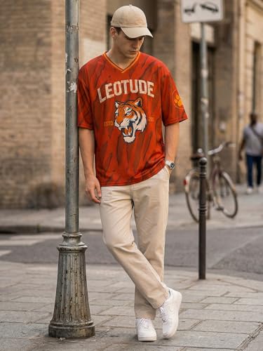 Image of LEOTUDE Men's Tiger Graphic Printed Oversized T-Shirt | Bold Red Sports Jersey Style Tee | V-Neck Half Sleeve Casual Streetwear for Men's (Color:Red)