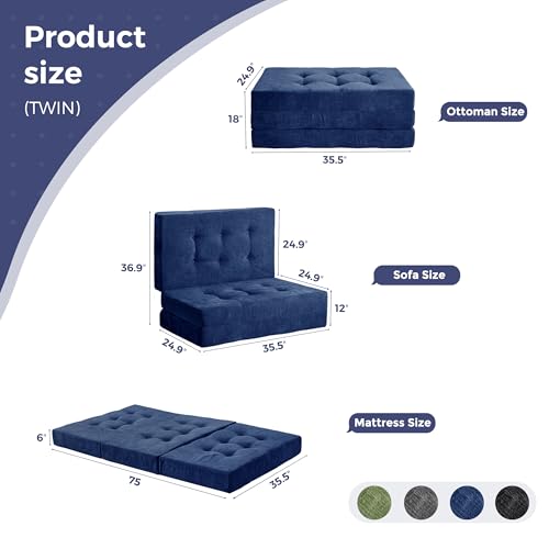 Image of MAXYOYO 6 inch Folding Sofa Bed for Floor, Tufted Tri-Fold Floor Mattress with Chenille Fabric, Twin Size Portable Sofa Couch Guest Mat for Adults, Foldable Topper for Camping, Navy, 35.4 inchx75 inch