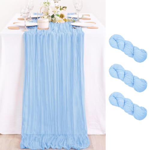 Image of MLMC 3 Pack Light Blue Cheesecloth Table Runner Baby Blue Table Runner 10ft Sheer Rustic Cheese Cloth Baby Shower Decorations 35x120 Inches for Birthday Gender Reveal Baby Shower Wedding Decor