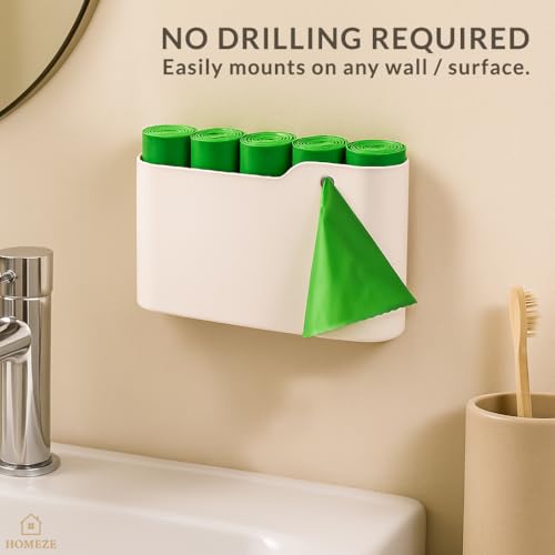 Image of HOMEZE Wall-Mounted Garbage Bag Dispenser | Punch-Free No-Drill Trash Bag Storage Organizer for Kitchen, Bathroom & Office | Space-Saving Refillable Waste Bag Holder Box (Durable & Compact Design)