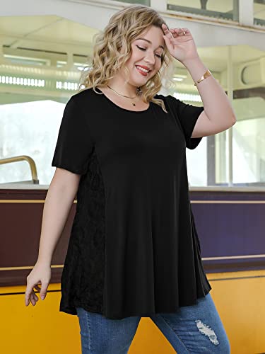 Larace Short Sleeve Shirt For Womens Summer Clothes Lace Tunic Tops To Wear With Leggings Casual Plus Size Blouses(Black 3X) #TOP1