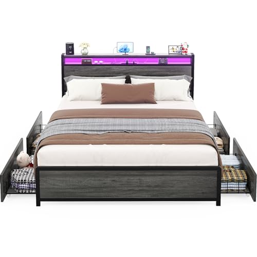 Homieasy Queen Size Bed Frame with 4 Storage Drawers and Charging Station, Sturdy Platform Bed with Storage Headboard and LED Light, No Box Spring Needed, Easy Assembly, Black Oak