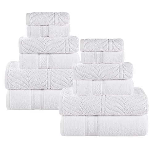 SUPERIOR Cotton Chevron 12 Piece Assorted Towel Set, Zero Twist, Quick Dry, Home Essentials, Shower, Spa, Luxury Plush Soft Absorbent Towels, Includes 4 Bath, 4 Hand, 4 Washcloth/Face Towels, White