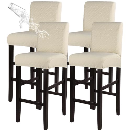 Image of SearchI Waterproof Bar Stool Covers Set of 4, Stretch Barstool Seat Covers, Counter Height Chair Covers for Kitchen Dining Room Cafe (Beige Jacquard)