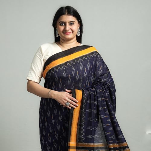 Image of Ikat Women's Pure Cotton Saree Traditional Craftsmanship Double Ikat Weaving Floral Handmade Ethnic Saree without Blouse Piece