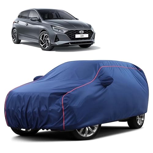 Image of Sulfar 100% Water Resistant Car Body Cover Compatible with Mirror for Hyundai i20 (Triple Stitched, Full Bottom Elastic, Blue Taffeta with Red Piping)