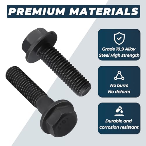Image of M14-2.0 x 45mm Flange Bolt, Hex Head Flanged Bolt 10.9 Grade High Strength- Black Oxide Finish, Full Thread, Metric- Heavy Duty for Automotive, Machinery & Construction (6 Pcs) 6 pcs