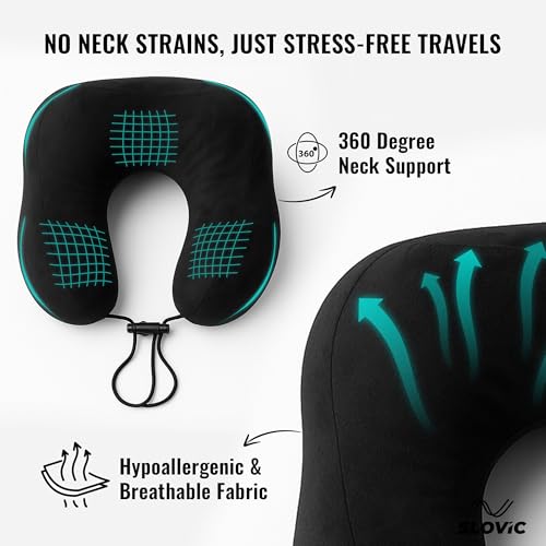 Image of SLOVIC Neck Pillow for Travelling | Premium Memory Foam Pillow for Flight, Car, Bus, Train | 360 Neck Support with Soft Fabric | Travel Accessories | Includes Carrying Bag
