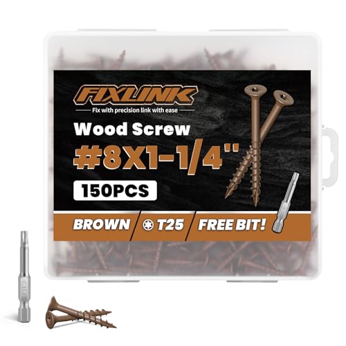 Image of Wood Screws 1-1 /4 Inch, FIXLINK Deck Screws #8 x 1-1 /4 inch, 150 PCS, Epoxy Coated, T25 Star Bit Above 1500 Hour Salt Spray Coating Outdoor Decking Screws Excellent Rust Resistant for Wood Fence, Brown