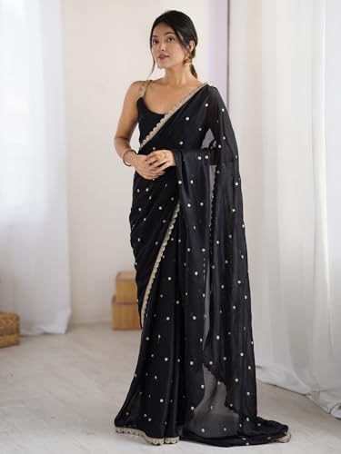Image of AKHILAM Women's Pure Georgette Embroidered Saree With Unstitched Blouse Piece