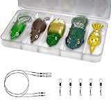 Njord Kalastus Version 2021 Topwater Köder Set | 5 Topwaterköder in Tacklebox Ente, Maus, 2X Frosch, Kröte | 4-8 cm schwimmend Oberflächenköder Hecht | Inkl. 2X Stahlvorfach und 5X Wirbel