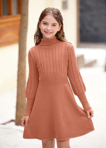 BesserBay Girls Winter Long Sleeve Sweater Dress Turtleneck Cable Knitted Pullover Midi Dress 6-14 Years3