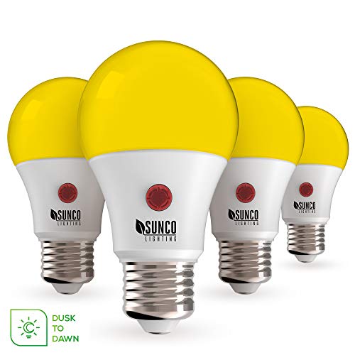 Sunco Lighting A19 LED Bulb,Yellow Bug Light, 9W, Auto On/Off, Dusk-to-Dawn Photocell Sensor
