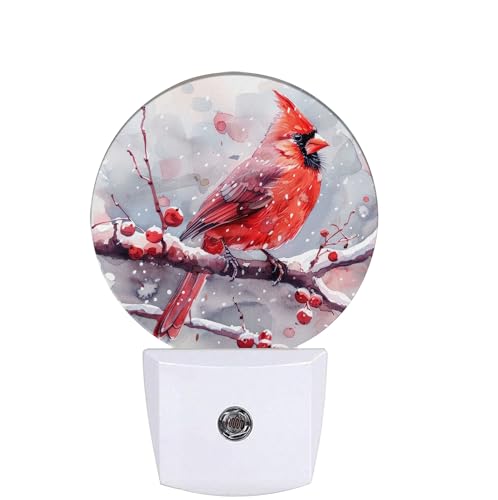 Image of Red Cardinal Bird Night Light,Chrismas Snow Night Lights Plug into Wall for Kitchens Toilets Bedroom Decorative Half Round Nightlight Led Lamp 0.5W Sleep Friendly