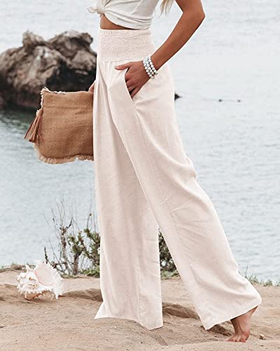 Women Linen Pants Elastic High Waist Wide Leg Palazzo Lounge Pants Casual Loose Beach Pants With Pockets (M, White) #TOP2